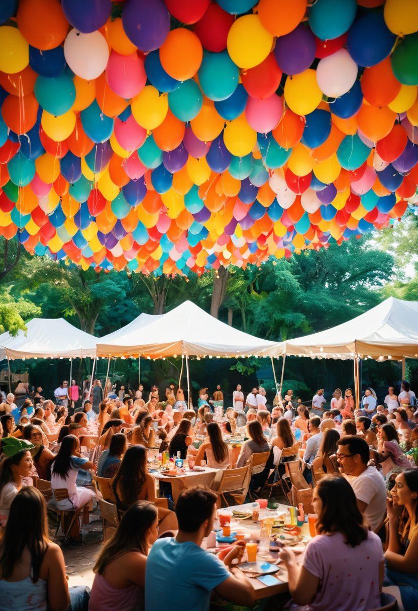 A lively, colorful community gathering under a giant canopy in a park, featuring diverse people engaging in playful activities like painting, dancing, and sharing stories. Include whimsical decorations like balloons and fairy lights, with elements symbolizing intimacy and exploration, such as art supplies and cozy seating areas. The scene should exude joy and a sense of welcoming, warmth and creativity. vibrant colors. 3D.
