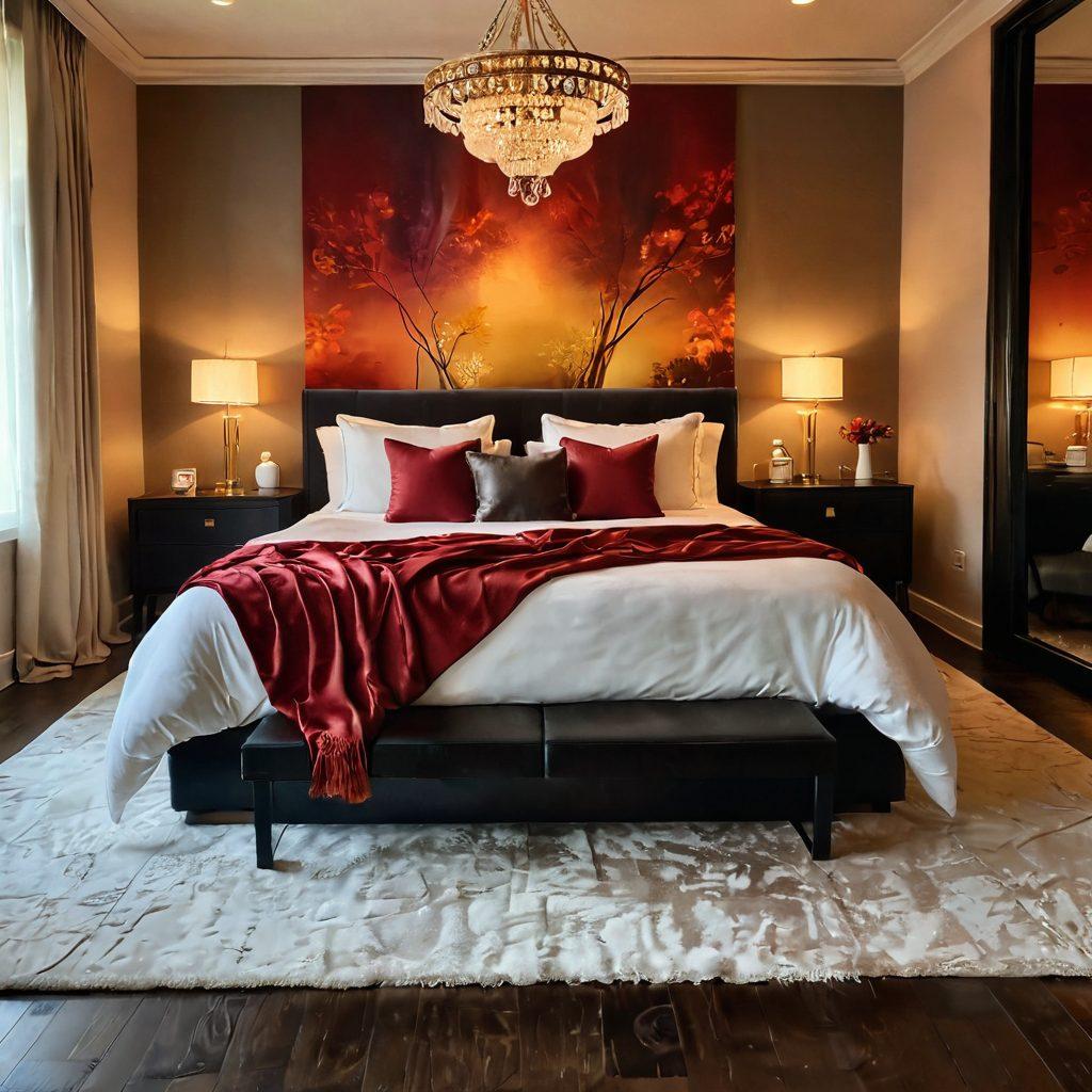 A sensual and inviting scene featuring an elegantly set bedroom with soft, dim lighting, adorned with plush fabrics and delicate candles casting a warm glow. Include abstract representations of intimacy in the background, such as entwined silhouettes or flowing lines symbolizing connection and pleasure. The color palette should be rich and warm, evoking feelings of comfort and allure. super-realistic. vibrant colors. soft focus.